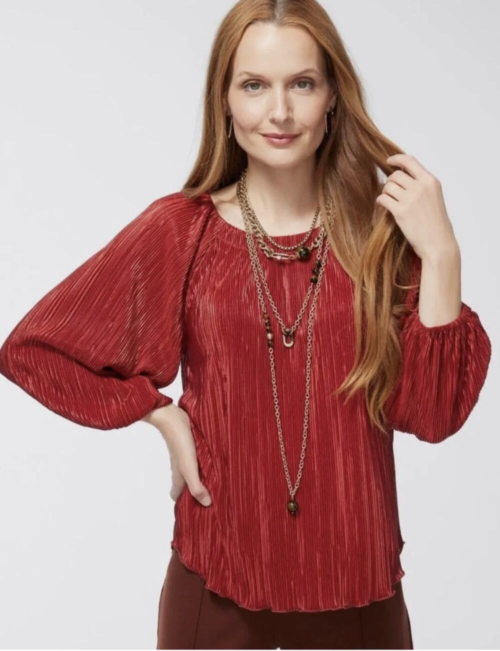 CHICO'S Rust Red Crinkle 3/4 Sleeve Top // S